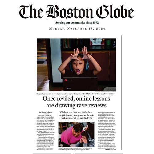 Cover of the Boston Globe featuring a story about Chelsea Public Schools' literacy program for 1st grade students